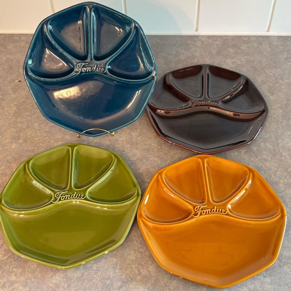 60's Mod Stoneware Fondue Plates - 4 - Fondue Dish Set - Ceramic Dishware